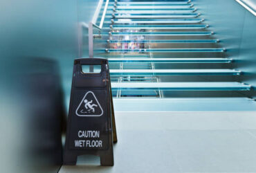 Wet floor caution sign near the glass staircase.